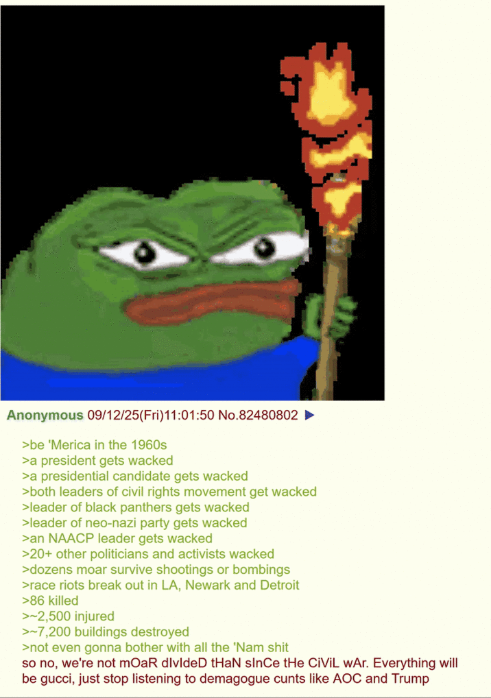 Anonymous 09/12/25(Fri)11:01:50 No.82480802 >be 'Merica in the 1960s >a president gets wacked >a presidential candidate gets wacked >both leaders of civil rights movement get wacked >leader of black panthers gets wacked >leader of neo-nazi party gets wacked >an NAACP leader gets wacked >20+ other politicians and activists wacked >dozens moar survive shootings or bombings >race riots break out in LA, Newark and Detroit >86 killed >~2,500 injured >~7,200 buildings destroyed >not even gonna bother with all the 'Nam s--- so no, we're not mOaR divideD tHaN sInCe tHe CIVIL WAr. Everything will be gucci, just stop listening to demagogue c---- like AOC and Trump