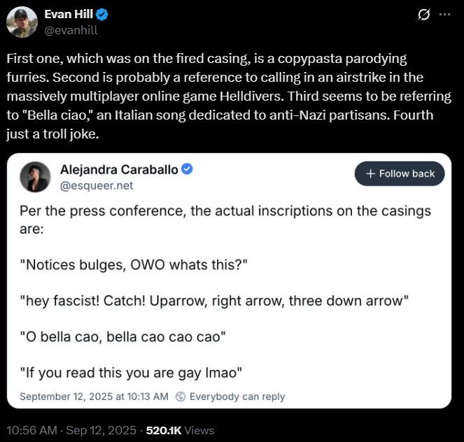 A post explaining the inscriptions on Tyler Robinson's gun.