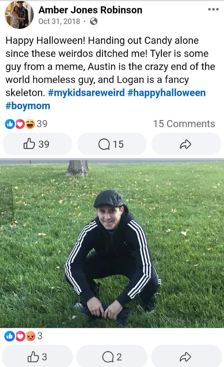 A "Facebook":https://knowyourmeme.com/memes/sites/facebook-meta post from the mother of Tyler Robinson, showing him in a Gopnik Halloween costume in 2018.