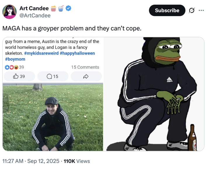 "MAGA has a groyper problem and they can’t cope." A "Facebook":https://knowyourmeme.com/memes/sites/facebook-meta post from the mother of Tyler Robinson, showing him in a Gopnik Halloween costume in 2018.