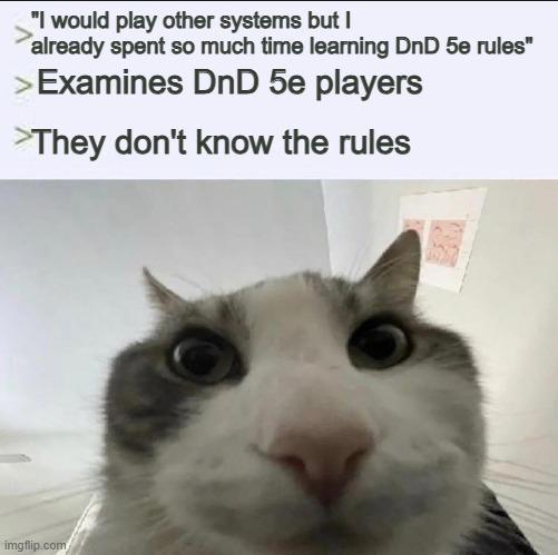 "I would play other systems but I already spent so much time learning DnD 5e rules" > Examines DnD 5e players >They don't know the rules imgflip.com