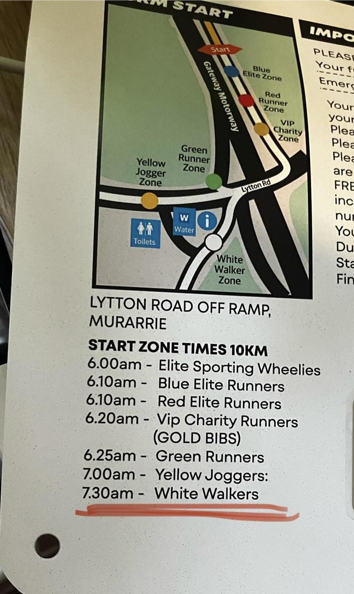 START IMPO Start PLEAS Gateway Motorway Your f Blue Elite Zone Emerg Red Runner Zone Your your VIP Charity Plea Zone Plea Green Runner Yellow Zone Jogger Zone Plea are Lytton Rd FRE inc nu W i You 會釀 Water Du Toilets White Sta Walker Fin Zone LYTTON ROAD OFF RAMP, MURARRIE START ZONE TIMES 10KM - 6.00am Elite Sporting Wheelies 6.10am Blue Elite Runners 6.10am Red Elite Runners - 6.20am Vip Charity Runners 6.25am - 1. (GOLD BIBS) Green Runners 7.00am Yellow Joggers: - 7.30am White Walkers