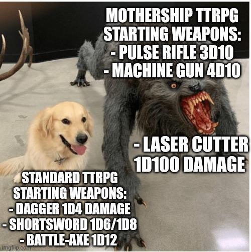 MOTHERSHIP TTRPG STARTING WEAPONS: -PULSE RIFLE 3D10 -MACHINE GUN 4D10 STANDARD TTRPG STARTING WEAPONS: DAGGER 1D4 DAMAGE SHORTSWORD 1D6/1D8 -BATTLE-AXE 1D12 Imgflip.com -LASER CUTTER 1D100 DAMAGE