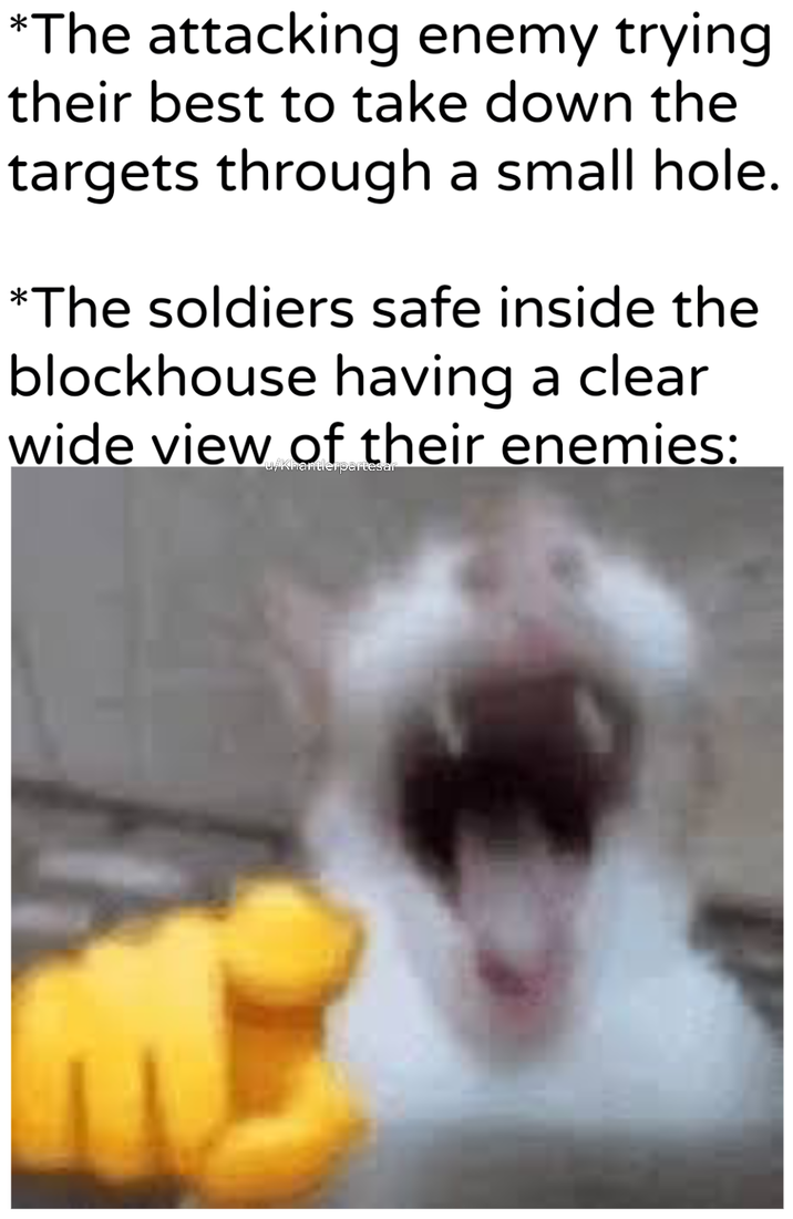 *The attacking enemy trying their best to take down the targets through a small hole. *The soldiers safe inside the blockhouse having a clear wide view of their enemies: