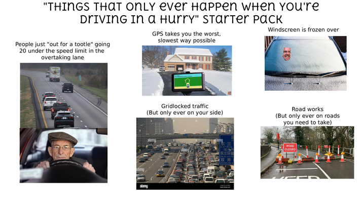 "THINGS THAT ONLY ever Happen WHEN YOU're DRIVING IN A Hurry" Starter Pack GPS takes you the worst, slowest way possible Windscreen is frozen over People just "out for a tootle" going 20 under the speed limit in the overtaking lane alamy alamy GO THROUGH f-----'s Gridlocked traffic (But only ever on your side) Road works (But only ever on roads you need to take) alamy alamy 示 E.3rd Ring (双指桥 |东三环辅 Side Rd of E.3 Rin 双井 SHUANGJING Br ROAD CLOSED www.alamy.com