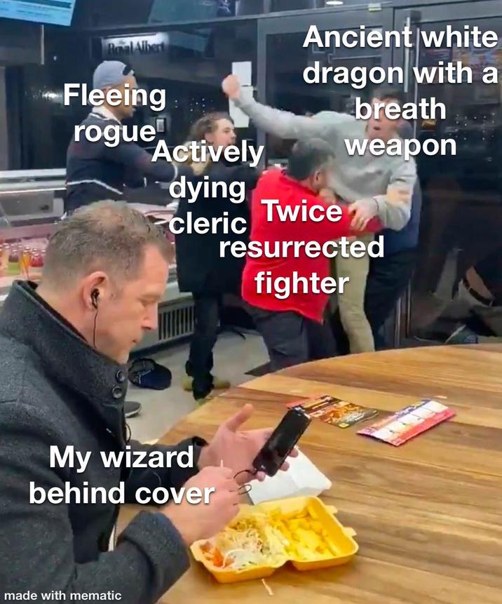 Ancient white Royal Albert Fleeing dragon with a breath rogue Actively weapon dying Twice cleric resurrected fighter My wizard behind cover made with mematic