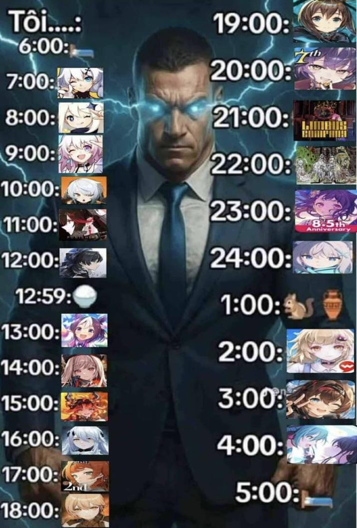 Tôi....: 19:00: 6:00: 20:00: 7:00: 8:00: 21:00: 9:00: 22:00: 10:00: 23:00: 11:00: 8.5th Anniversary 12:00: 24:00: 12:59: 1:00:45 13:00: 2:00: 14:00: 15:00: 3:00 16:00: 4:00: 17:00: 5:00: 18:00: