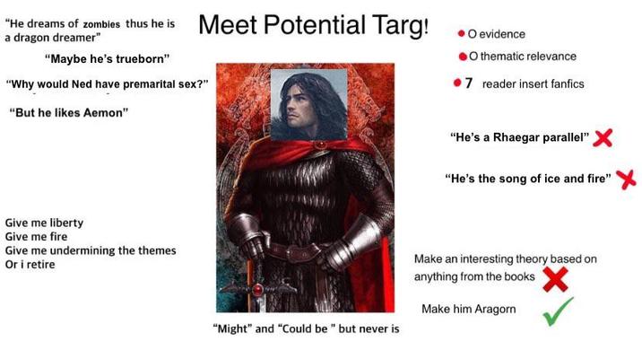 "He dreams of zombies thus he is a dragon dreamer" "Maybe he's trueborn" Meet Potential Targ! "Why would Ned have premarital sex?" "But he likes Aemon" Give me liberty Give me fire Give me undermining the themes Or i retire O evidence O thematic relevance 7 reader insert fanfics "He's a Rhaegar parallel" X "He's the song of ice and fire" "Might" and "Could be " but never is Make an interesting theory based on anything from the books Make him Aragorn