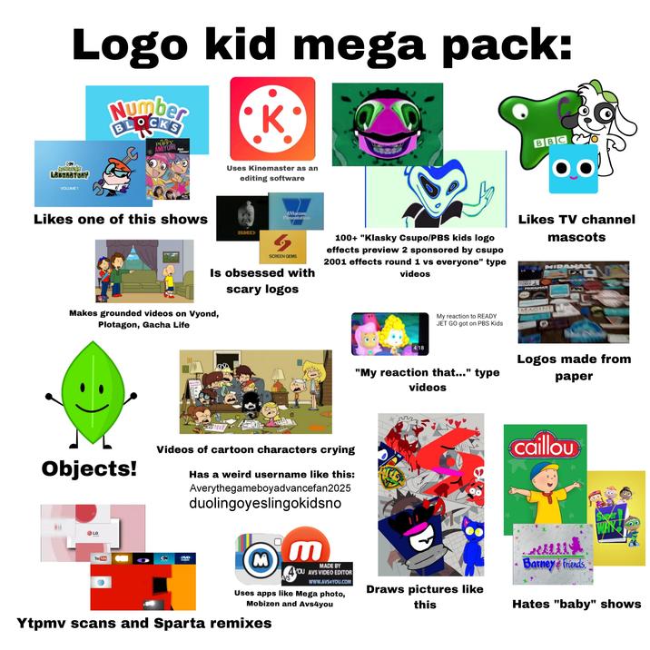 Logo kid mega pack: BLOCKS 米米 PUFFY AMIYUMI Rock Forever! K CN LABORATORY VOLUME 1 CN Uses Kinemaster as an editing software BBC Likes one of this shows BMD AViacom Presentation SCREEN GEMS Is obsessed with scary logos Makes grounded videos on Vyond, Plotagon, Gacha Life 100+ "Klasky Csupo/PBS kids logo effects preview 2 sponsored by csupo 2001 effects round 1 vs everyone" type videos My reaction to READY JET GO got on PBS Kids Likes TV channel LUMBIA PUNES MIRAMAX TNT mascots MIRAMAX MAGINE EX MISSING ANIMALS 4:18 "My reaction that..." type Logos made from paper videos Objects! LG Us Good Videos of cartoon characters crying You Tube CN CH Has a weird username like this: Averythegameboyadvancefan2025 duolingoyeslingokidsno DVD M AVS M MADE BY 4YOU AVS VIDEO EDITOR www.AVS4YOU.COM Uses apps like Mega photo, Mobizen and Avs4you Ytpmv scans and Sparta remixes NSFW Draws pictures like this caillou uut Barney & Friends Super WAY! Hates "baby" shows
