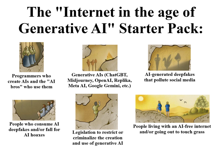 The "Internet in the age of Generative AI" Starter Pack: Programmers who create Als and the "AI bros" who use them Generative AIs (ChatGBT, Midjourney, OpenAI, Replika, Meta AI, Google Gemini, etc.) AI-generated deepfakes that pollute social media People who consume AI deepfakes and/or fall for AI hoaxes Legislation to restrict or criminalize the creation and use of generative AI People living with an AI-free internet and/or going out to touch grass