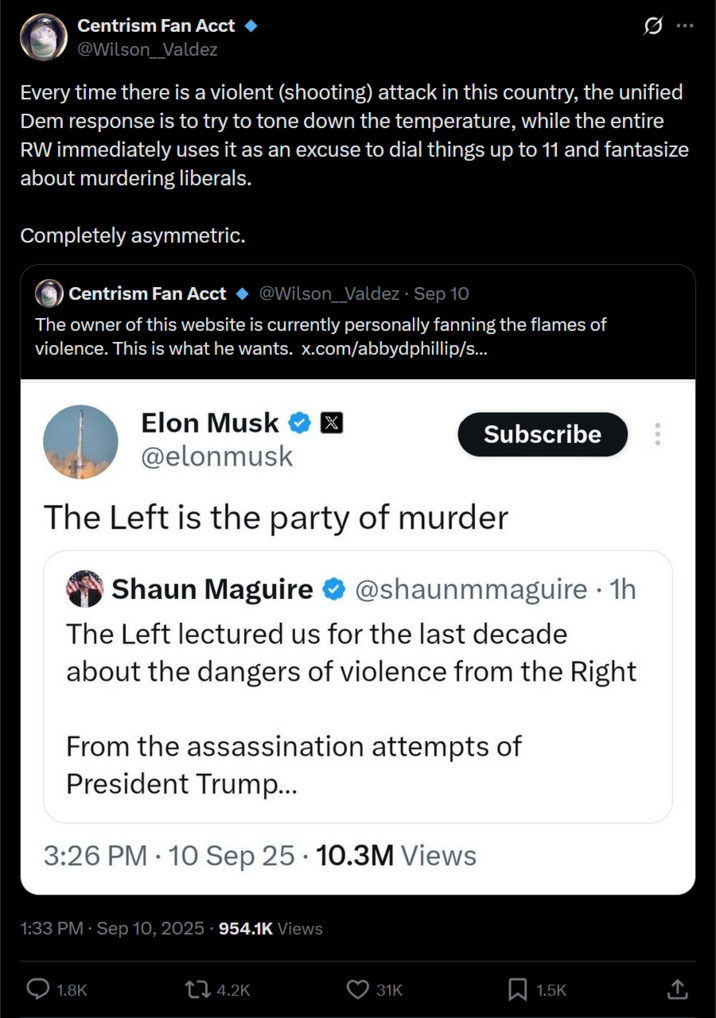 Centrism Fan Acct @Wilson_Valdez Every time there is a violent (shooting) attack in this country, the unified Dem response is to try to tone down the temperature, while the entire RW immediately uses it as an excuse to dial things up to 11 and fantasize about murdering liberals. Completely asymmetric. Centrism Fan Acct @Wilson_Valdez Sep 10 The owner of this website is currently personally fanning the flames of violence. This is what he wants. x.com/abbydphillip/s... Elon Musk X Subscribe @elonmusk The Left is the party of murder Shaun Maguire @shaunmmaguire - 1h The Left lectured us for the last decade about the dangers of violence from the Right From the assassination attempts of President Trump... 3:26 PM 10 Sep 25 10.3M Views 1:33 PM · Sep 10, 2025 954.1K Views 1.8K tz 4.2K 3 31K Σ 1.5K <]