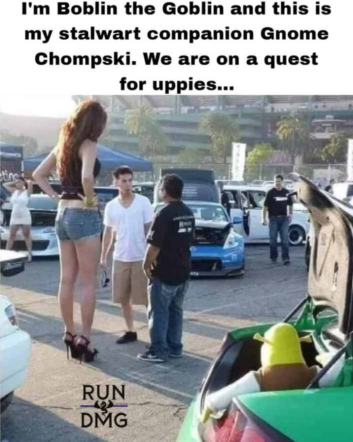 tine I'm Boblin the Goblin and this is my stalwart companion Gnome Chompski. We are on a quest for uppies... RUN DMG