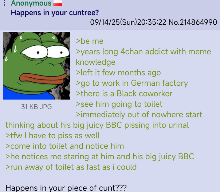 : Anonymous Happens in your cuntree? 31 KB JPG 09/14/25(Sun)20:35:22 No.214864990 >be me > years long 4chan addict with meme knowledge >left it few months ago >go to work in German factory >there is a Black coworker >see him going to toilet >immediately out of nowhere start thinking about his big juicy BBC pissing into urinal >tfw I have to piss as well >come into toilet and notice him >he notices me staring at him and his big juicy BBC >run away of toilet as fast as i could Happens in your piece of c---???