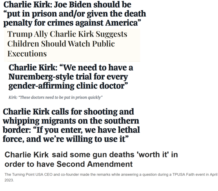 Charlie Kirk: Joe Biden should be "put in prison and/or given the death penalty for crimes against America" Trump Ally Charlie Kirk Suggests Children Should Watch Public Executions Charlie Kirk: “We need to have a Nuremberg-style trial for every gender-affirming clinic doctor" Kirk: "These doctors need to be put in prison quickly" Charlie Kirk calls for shooting and whipping migrants on the southern border: "If you enter, we have lethal force, and we're willing to use it" Charlie Kirk said some gun deaths 'worth it' in order to have Second Amendment The Turning Point USA CEO and co-founder made the remarks while answering a question during a TPUSA Faith event in April 2023.