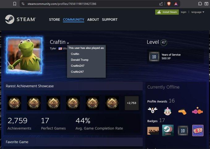 A tweet from X / Twitter user @MarlouRenee that claims to show the "Steam":https://knowyourmeme.com/memes/sites/steam account belonging to Tyler Robinson, the suspected Charlie Kirk shooter.