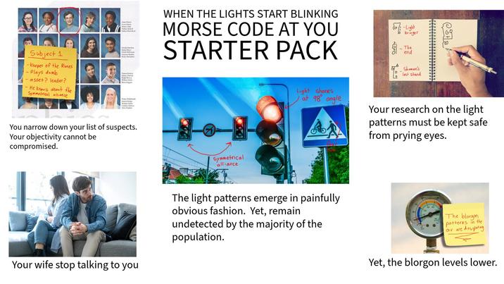 Xatter Hale S H Glonde Hockn Subject 1 -Keeper of the Runes Plays dumb - asset? leader? - He knows about the Symmetrical alliance Desy Bary Head Dewshas My Contax iden Ty You narrow down your list of suspects. Your objectivity cannot be compromised. WHEN THE LIGHTS START BLINKING MORSE CODE AT YOU STARTER PACK -Light of bringer 4000 - The end Symmetrical alliance о Shaman's last stand Light Shones at 98° angle Your research on the light patterns must be kept safe from prying eyes. Your wife stop talking to you The light patterns emerge in painfully obvious fashion. Yet, remain undetected by the majority of the population. The blorgon patterns in the air are dissipating Yet, the blorgon levels lower.