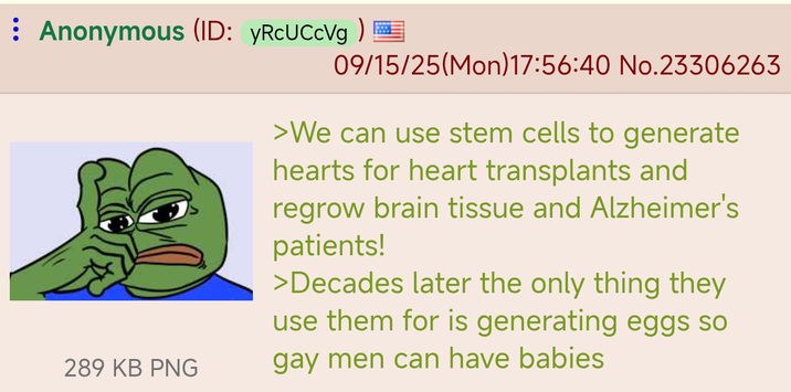 Anonymous (ID: yRcUCcVg) 289 KB PNG 09/15/25(Mon) 17:56:40 No.23306263 >We can use stem cells to generate hearts for heart transplants and regrow brain tissue and Alzheimer's patients! >Decades later the only thing they use them for is generating eggs so gay men can have babies