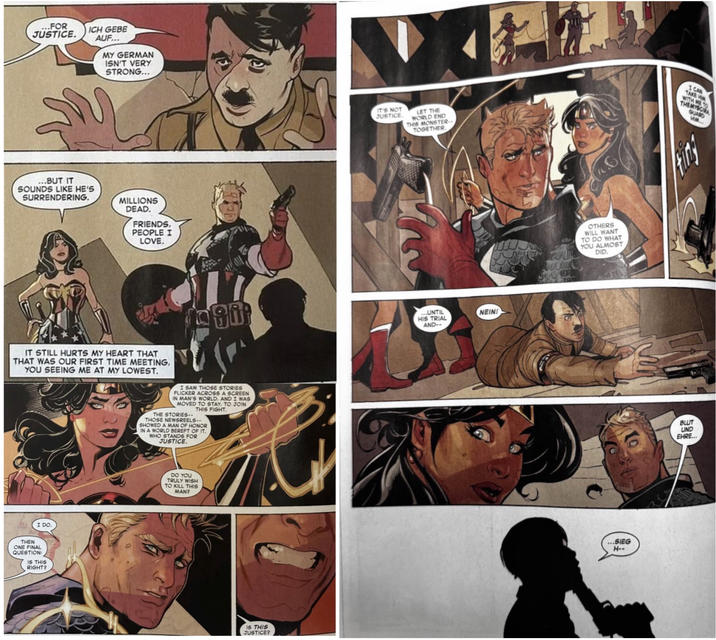 Wonder Woman suffers some character assassination when she prevents Captain America from putting down Hitler cause “omg he needs a trial.” However, a lack of spacial awareness allowed Hitler to escape accountability by blowing his brains out. This comes from the new official DC/Marvel crossover comic Marvel/DC: Deadpool/Batman #1.