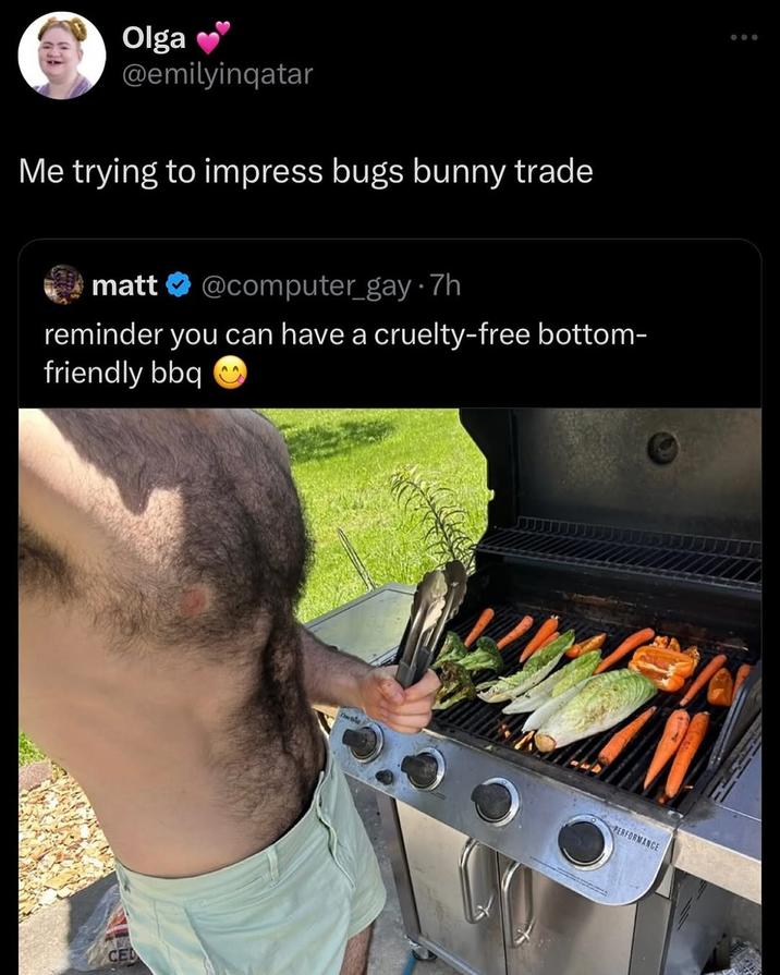 A meme reading, "Me trying to impress bugs bunny trade."