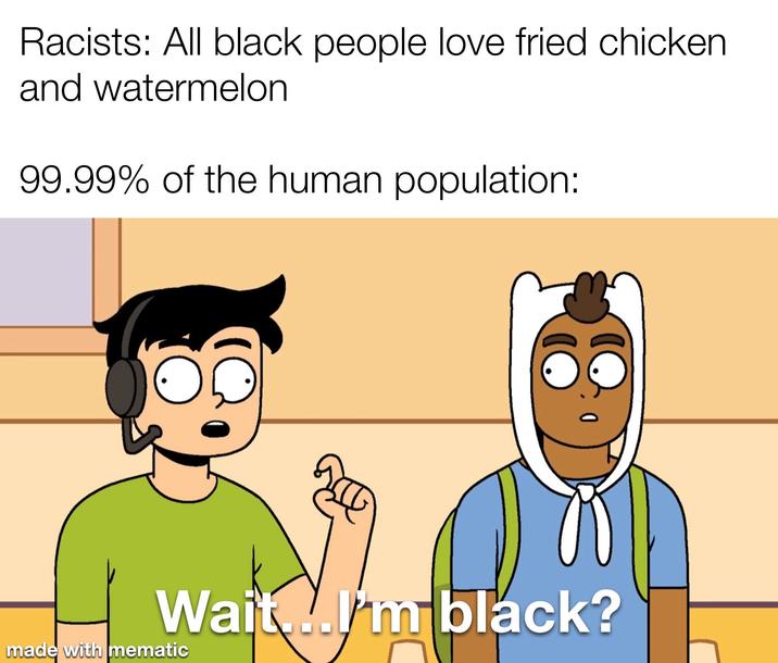 Racists: All black people love fried chicken and watermelon 99.99% of the human population: Wait...I'm black? made with mematic