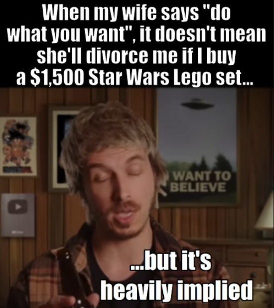 When my wife says "do what you want", it doesn't mean she'll divorce me if I buy a $1,500 Star Wars Lego set... WANT TO BELIEVE ...but it's heavily implied