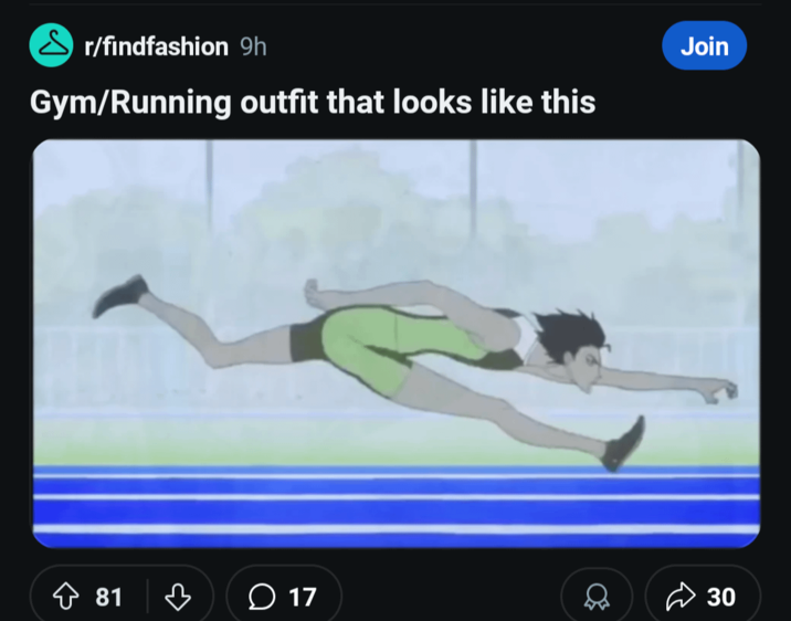 r/findfashion 9h Gym/Running outfit that looks like this Join 81 ♡ O 17 30
