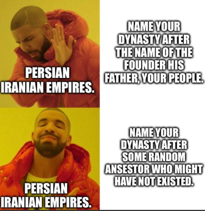 PERSIAN IRANIAN EMPIRES. NAME YOUR DYNASTY AFTER THE NAME OF THE FOUNDER HIS FATHER, YOUR PEOPLE. PERSIAN IRANIAN EMPIRES. NAME YOUR DYNASTY AFTER SOME RANDOM ANSESTOR WHO MIGHT HAVE NOT EXISTED.