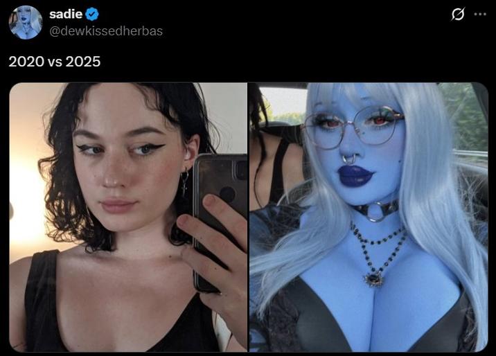 A photo of SadieSlime in 2020 vs 2025.