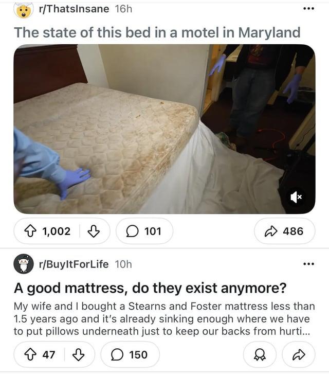 r/ThatsInsane 16h The state of this bed in a motel in Maryland 1,002 101 486 r/BuyltForLife 10h A good mattress, do they exist anymore? My wife and I bought a Stearns and Foster mattress less than 1.5 years ago and it's already sinking enough where we have to put pillows underneath just to keep our backs from hurti... 47 150 ☑☑