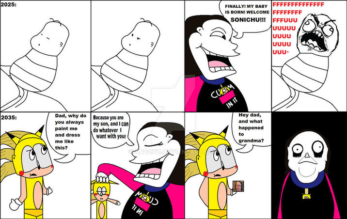 2025: FINALLY! MY BABY FFFFFFFFFFFFFF IS BORN! WELCOME FFFFFFFF SONICHU!!! FFFUUU 2035: Dad, why do you always paint me and dress me like this? Because you are my son, and I can do whatever I want with you! C NECKO.DE WANSTAL MAND TI MI CLIM IN IT Hey dad, and what happened to grandma? UUUUU UUUU UUUU UUU-