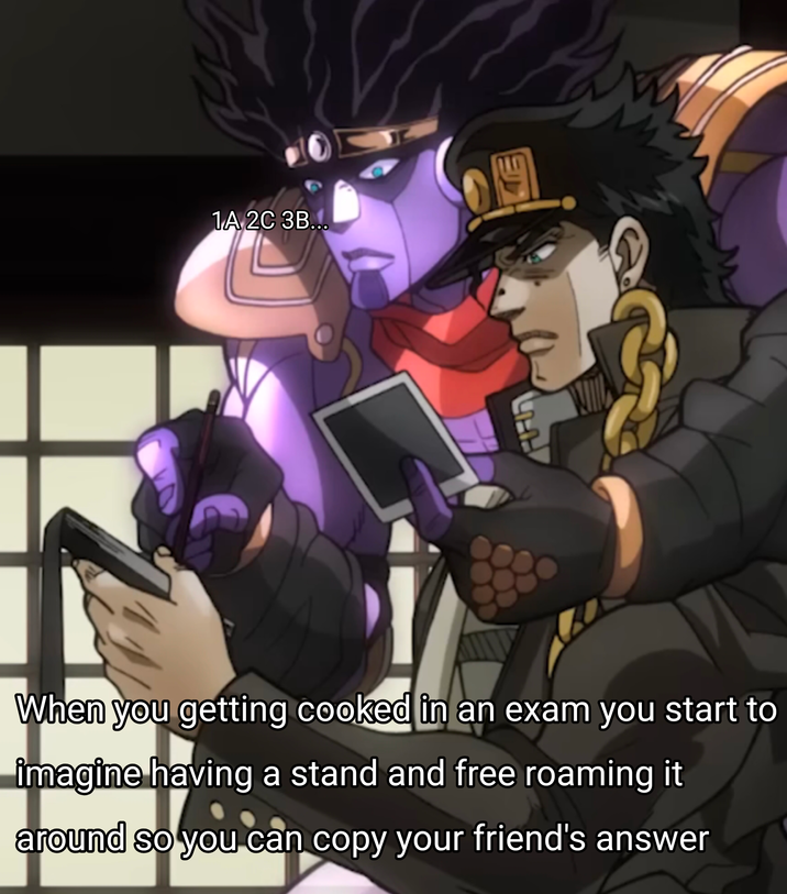 1A 2C 3B... הודידו When you getting cooked in an exam you start to imagine having a stand and free roaming it around so you can copy your friend's answer