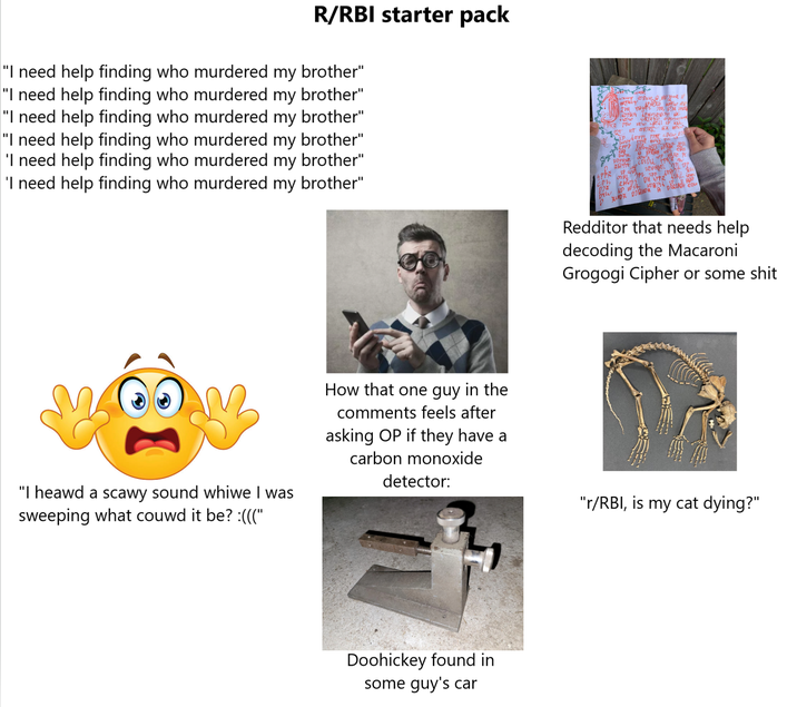 R/RBI starter pack “I need help finding who murdered my brother" "I need help finding who murdered my brother" "I need help finding who murdered my brother" "I need help finding who murdered my brother" 'I need help finding who murdered my brother" 'I need help finding who murdered my brother" www PRE PR TAVOL 17B, DR!! ADT PHOLD! C Vou PRE The 100 SIP APP! THE pew P MRL PL 1 DH APPR Rey DR DAN A DIR Dr AP Redditor that needs help decoding the Macaroni Grogogi Cipher or some s--- "I heawd a scawy sound whiwe I was sweeping what couwd it be? :(((" How that one guy in the comments feels after asking OP if they have a carbon monoxide detector: Doohickey found in some guy's car "r/RBI, is my cat dying?"