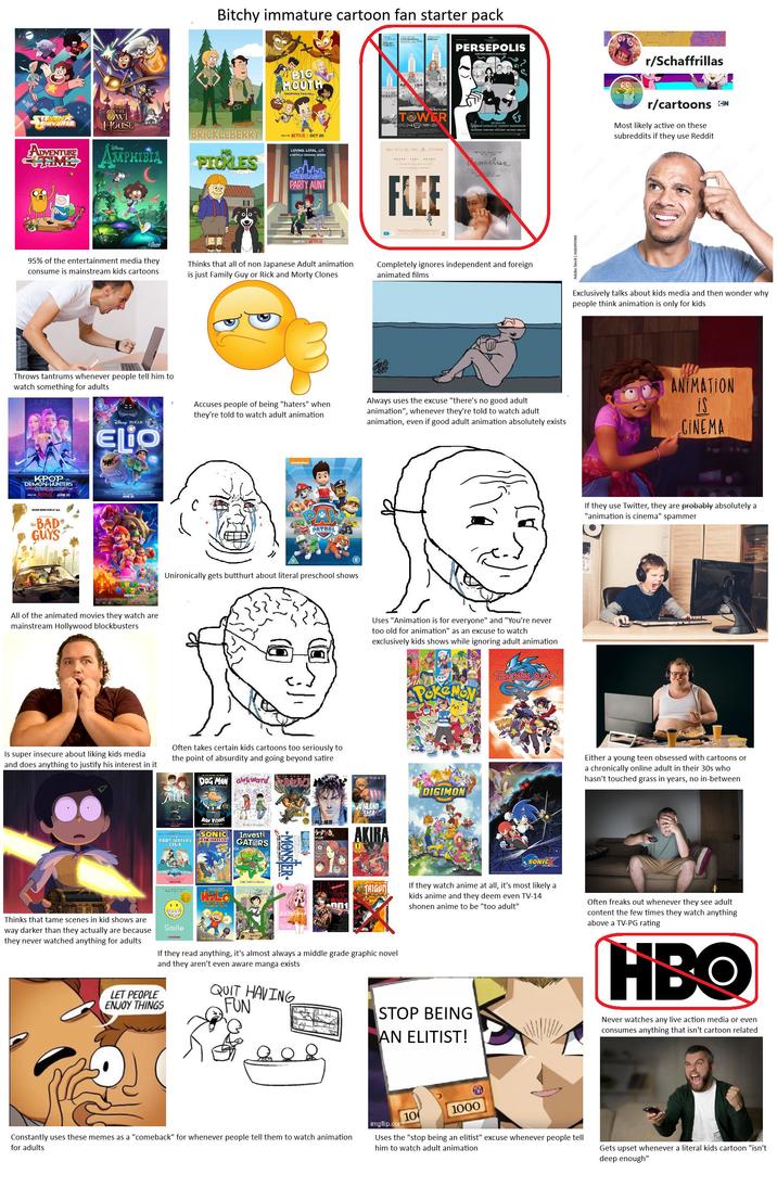 STEVEN NIVERSE ADVENTURE Ow HOUSE AMPHIBIA Bitchy immature cartoon fan starter pack BIG MOUTH DROPPING THIS FALL WEFECTIVE UNY PUYS OF THE YEAR H MAITLAND TOWER SO)() PERSEPOLIS UN FILM DE HASTANE SATRAPI ET VINCENT PARONNAUD BRICKLEBERRY EXON NETFLIX OCT 20 MR PICKLES LOVING. LOYAL. LIT. A NETFLIX ORIGINAL SERIES www CHICAGO PARTY AUNT ()() ALOE ***** **** ***** Somalisa FLEE SEPT 17 NETFLIX 95% of the entertainment media they consume is mainstream kids cartoons Thinks that all of non Japanese Adult animation is just Family Guy or Rick and Morty Clones Completely ignores independent and foreign animated films Throws tantrums whenever people tell him to watch something for adults KPOP DEMON HUNTERS ONLY ON ETFLIX JUNE 20 GOOD ISNO FUN AT ALL BAD GUYS Accuses people of being "haters" when they're told to watch adult animation Disney PIXAR Elio JUNE 20 MOVIE All of the animated movies they watch are mainstream Hollywood blockbusters nikolodeon AD PATROL Unironically gets butthurt about literal preschool shows Is super insecure about liking kids media and does anything to justify his interest in it Often takes certain kids cartoons too seriously to the point of absurdity and going beyond satire DOG MAN award AMUEL BABY SITTERS CLUB DAY Pilker SONIC™ THE NEUBE 08 Investi GATORS Wild CRASHED TO EARTH MONSER Adobe Stock | #68695988 r/Schaffrillas r/cartoons CN Most likely active on these subreddits if they use Reddit Exclusively talks about kids media and then wonder why people think animation is only for kids Always uses the excuse "there's no good adult animation", whenever they're told to watch adult animation, even if good adult animation absolutely exists ANIMATION is CINEMA Uses "Animation is for everyone" and "You're never too old for animation" as an excuse to watch exclusively kids shows while ignoring adult animation DIGIMON YMAND SAGA 井上雄 うずき。 AKIRA I TRIGUN 001 Thinks that tame scenes in kid shows are way darker than they actually are because they never watched anything for adults Smile COWNIKK If they read anything, it's almost always a middle grade graphic novel and they aren't even aware manga exists LET PEOPLE ENJOY THINGS QUIT HAVING FUN Constantly uses these memes as a "comeback" for whenever people tell them to watch animation for adults BEYBLADE SONIC If they use Twitter, they are probably absolutely a "animation is cinema" spammer Either a young teen obsessed with cartoons or a chronically online adult in their 30s who hasn't touched grass in years, no in-between If they watch anime at all, it's most likely a kids anime and they deem even TV-14 shonen anime to be "too adult" STOP BEING AN ELITIST! Often freaks out whenever they see adult content the few times they watch anything above a TV-PG rating HHBO Never watches any live action media or even consumes anything that isn't cartoon related 10 1000 imgflip.com Uses the "stop being an elitist" excuse whenever people tell him to watch adult animation Gets upset whenever a literal kids cartoon "isn't deep enough"