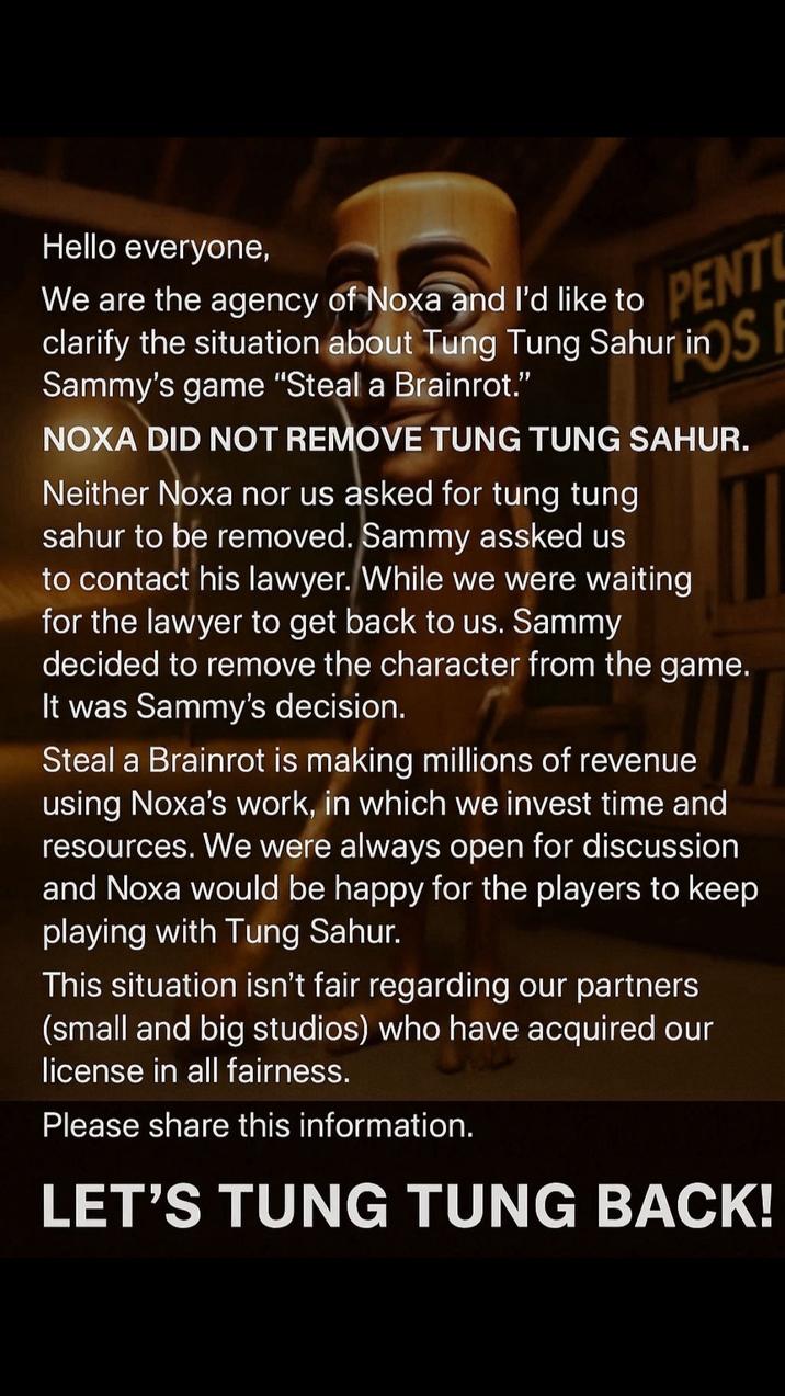 MementumLab's Statement About Tung Tung Tung Sahur's Removal From Steal a Brainrot A statement released by MementumLab. The statement blames SpyderSammy for removing Tung Tung Tung Sahur from Steal a Brainrot.