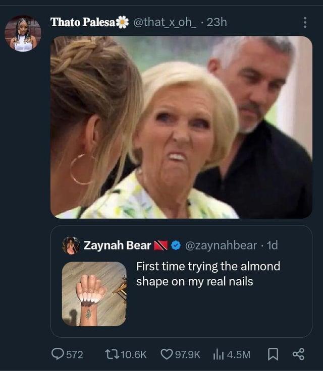 Thato Palesa @that_x_oh_ 23h Zaynah Bear @zaynahbear • 1d First time trying the almond shape on my real nails 572 10.6K 97.9K 4.5M