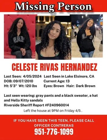 Celeste Rivas Missing Persons Poster A missing persons poster for Celese Rivas.