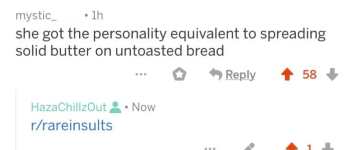 mystic_ • 1h she got the personality equivalent to spreading solid butter on untoasted bread HazaChillzOut • Now r/rareinsults Reply 58