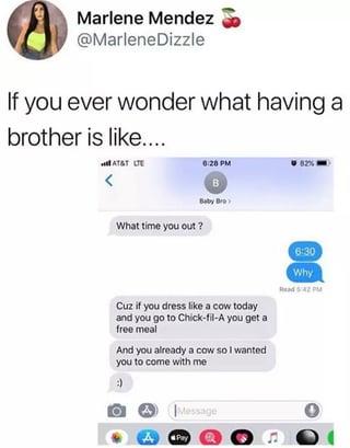 Marlene Mendez @MarleneDizzle If you ever wonder what having a brother is like.... МАТАТ СТЕ 0:28 PM 82% 1 > What time you out? B Cuz if you dress like a cow today and you go to Chick-fil-A you get a free meal And you already a cow so I wanted you to come with me Message A Pay 6:30 Why