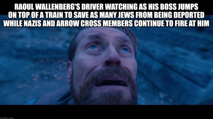 RAOUL WALLENBERG'S DRIVER WATCHING AS HIS BOSS JUMPS ON TOP OF A TRAIN TO SAVE AS MANY JEWS FROM BEING DEPORTED WHILE NAZIS AND ARROW CROSS MEMBERS CONTINUE TO FIRE AT HIM maflip.com
