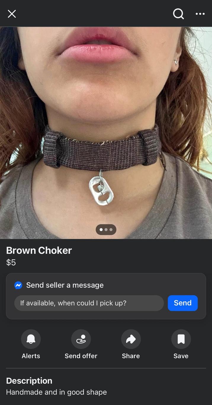 Х Q Brown Choker $5 Send seller a message If available, when could I pick up? Send Alerts Send offer Share Save Description Handmade and in good shape