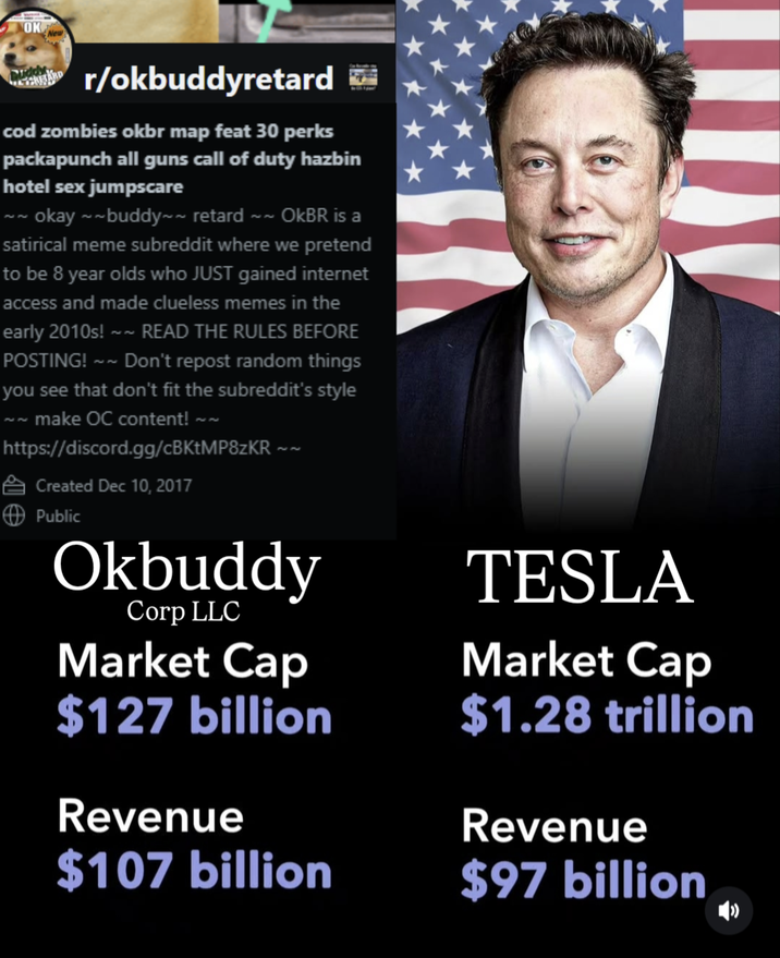 OK r/okbuddyretard cod zombies okbr map feat 30 perks packapunch all guns call of duty hazbin hotel sex jumpscare ~~ okay ~~buddy~~ retard ~~ OKBR is a satirical meme subreddit where we pretend to be 8 year olds who JUST gained internet access and made clueless memes in the early 2010s! POSTING! ~~ ~~ READ THE RULES BEFORE Don't repost random things you see that don't fit the subreddit's style ~~ make OC content! ~~ https://discord.gg/cBKtMP8zKR ~~ Created Dec 10, 2017 Public Okbuddy Corp LLC Market Cap $127 billion Revenue $107 billion TESLA Market Cap $1.28 trillion Revenue $97 billion