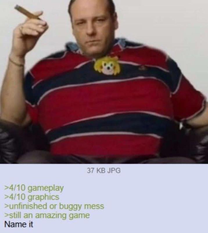 >4/10 gameplay >4/10 graphics 37 KB JPG >unfinished or buggy mess >still an amazing game Name it