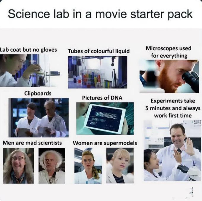 Science lab in a movie starter pack Lab coat but no gloves Tubes of colourful liquid Clipboards Pictures of DNA Men are mad scientists Women are supermodels Microscopes used for everything Experiments take 5 minutes and always work first time TORY ATOR