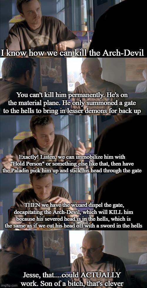 I know how we can kill the Arch-Devil You can't kill him permanently. He's on the material plane. He only summoned a gate to the hells to bring in lesser demons for back up Exactly! Listen, we can immobilize him with "Hold Person" or something else like that, then have the Paladin pick him up and stick his head through the gate THEN we have the wizard dispel the gate, decapitating the Arch-Devil, which will KILL him because his severed head is in the hells, which is the same as if we cut his head off with a sword in the hells Jesse, that....could ACTUALLY imgflip.com work. Son of a bitch, that's clever