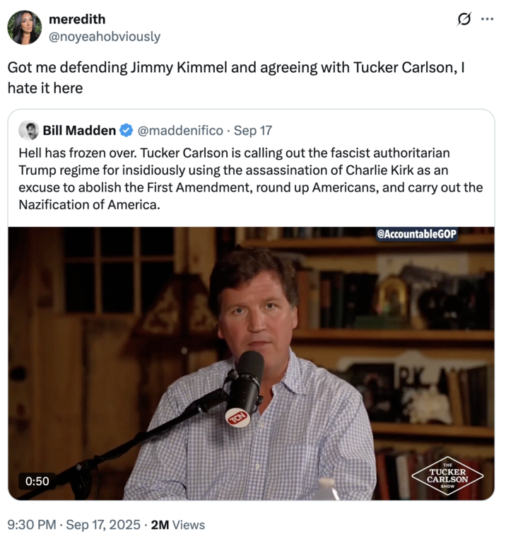 A "tweet":https://knowyourmeme.com/memes/sites/twitter-x about "Jimmy Kimmel":https://knowyourmeme.com/memes/people/jimmy-kimmel being pulled indefinitely from ABC in September 2025, following his comments about the "death of Charlie Kirk":https://knowyourmeme.com/memes/events/charlie-kirk-shooting-at-utah-valley-university and about the suspected shooter, "Tyler Robinson":https://knowyourmeme.com/memes/people/tyler-robinson-suspected-charlie-kirk-shooter.