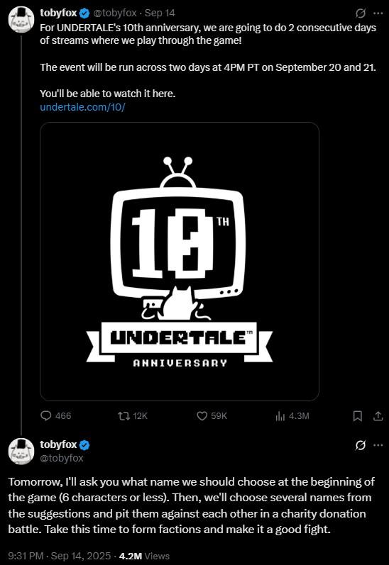 Undertale 10 Anniversary Stream Announcement Toby Fox announcing a stream of Undertale for its 10th anniversary.