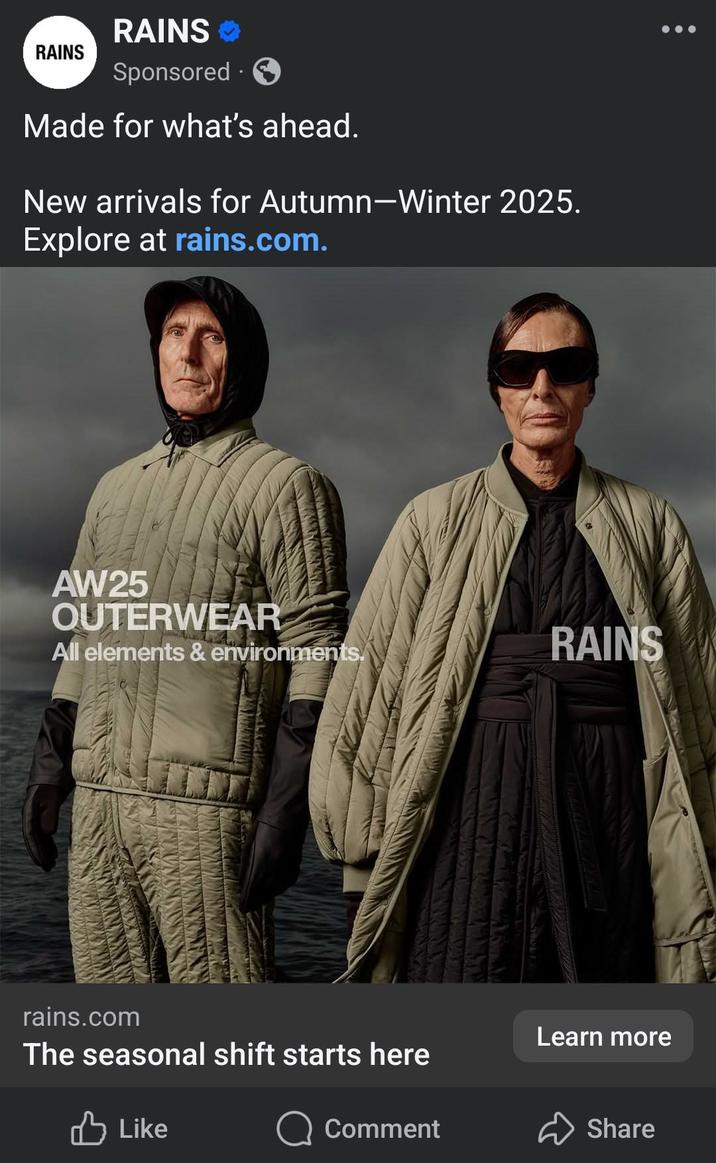 RAINS RAINS → Sponsored . Made for what's ahead. New arrivals for Autumn-Winter 2025. Explore at rains.com. AW25 OUTERWEAR All elements & environments. RAINS rains.com Learn more The seasonal shift starts here Like Comment Share