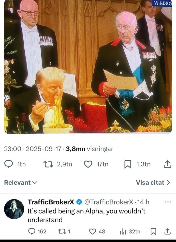 23:00 2025-09-17 3,8mn visningar 1tn • 12,9tn Relevant TrafficBrokerX WINDSO 17tn 1,3tn Visa citat > @TrafficBrokerX 14 h • 000 It's called being an Alpha, you wouldn't understand 162 271 48 Ilil 32tn ☐ 1