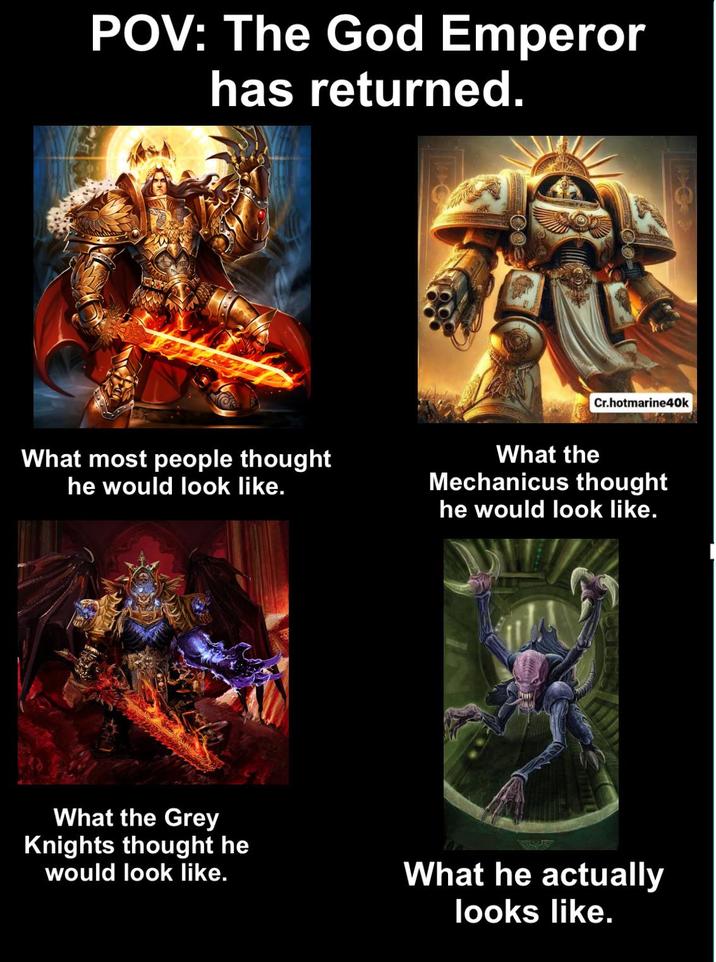 POV: The God Emperor has returned. 003 Cr.hotmarine40k What most people thought he would look like. What the Mechanicus thought he would look like. What the Grey Knights thought he would look like. What he actually looks like.