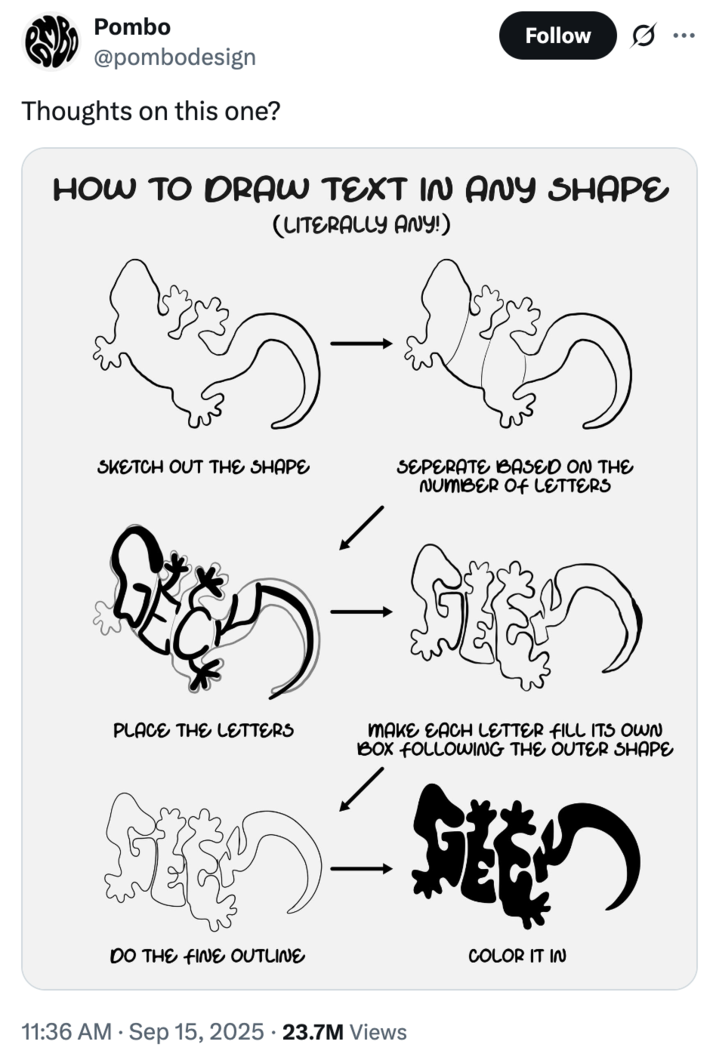 X user @pombodesign tweeted, "Thoughts on this one?" alongside a graphic showing viewers how to "Draw Text In Any Shape." The poster contained steps on how to write the word "gecko" in the shape of a lizard. 